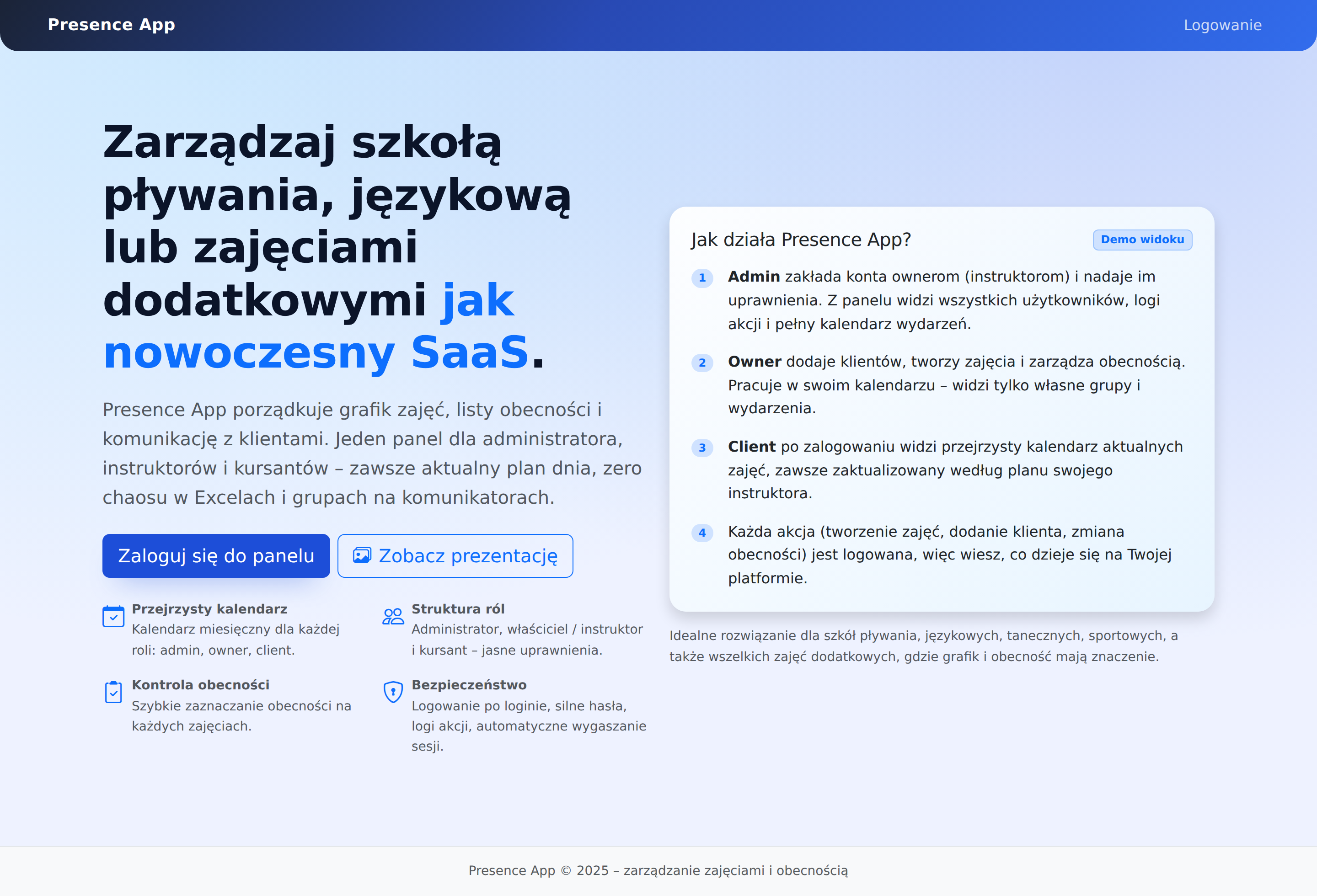 Landing page Presence App Pro